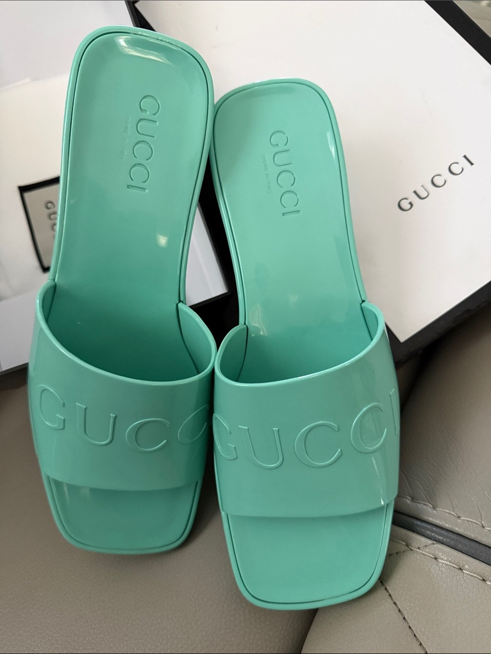 Gucci Patent Mint Green Slide Mules - Picture 3 of 16